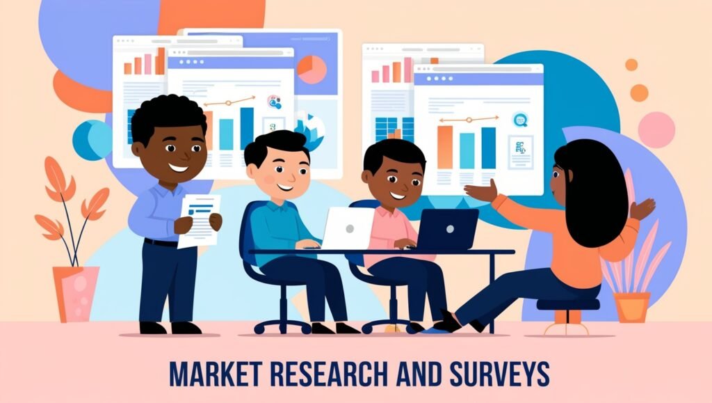 Team working on market research with laptops, graphs, and survey visuals.