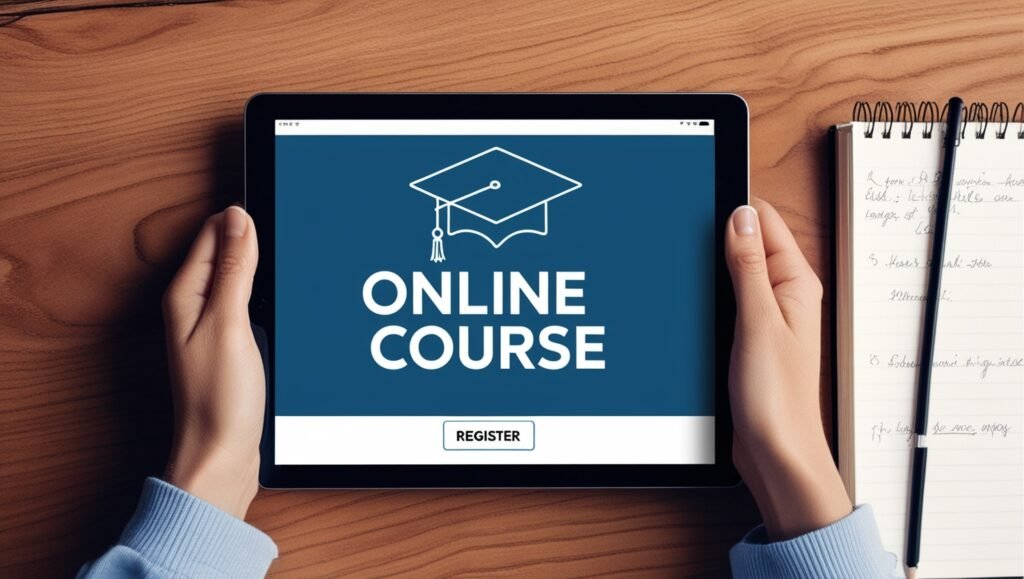 Illustration of a tablet displaying 'Online Course' with graduation cap icon and register button.