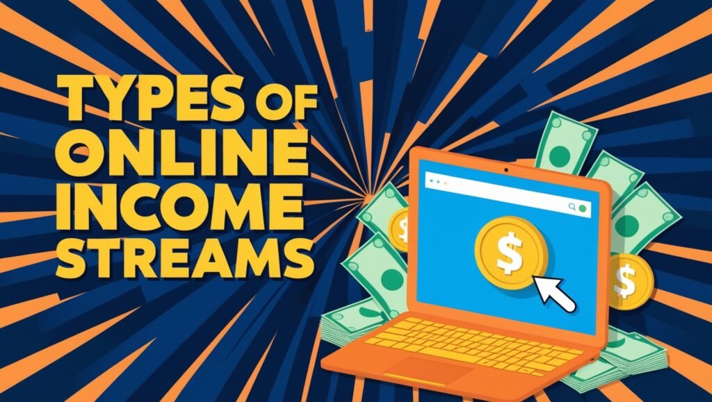 Bold digital illustration showing laptop, coins, and dollar bills with online income text.