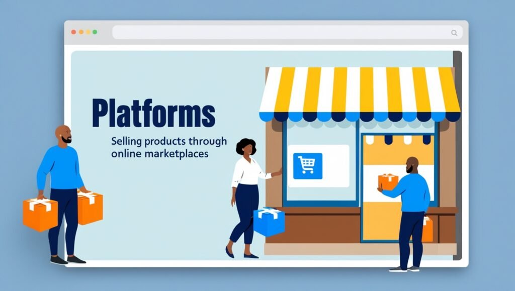 Flat illustration of people interacting with an online storefront under a browser window.