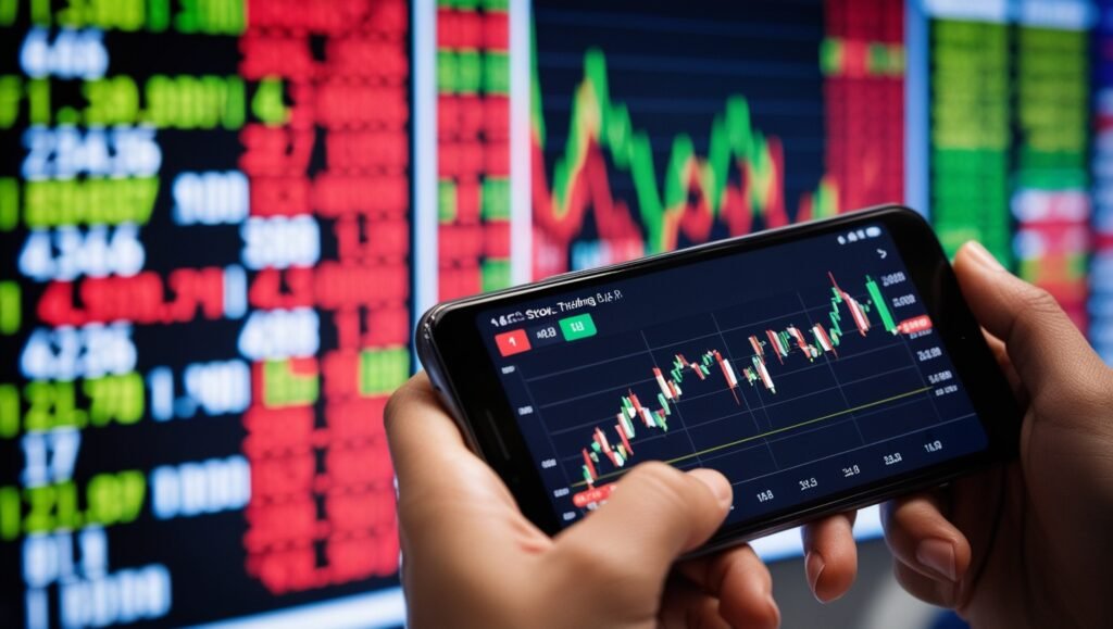 Hands using smartphone with stock trading app and digital market board.