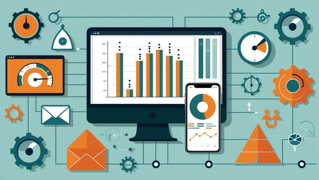 Illustration of website optimization tools with monitor and smartphone displaying analytics.