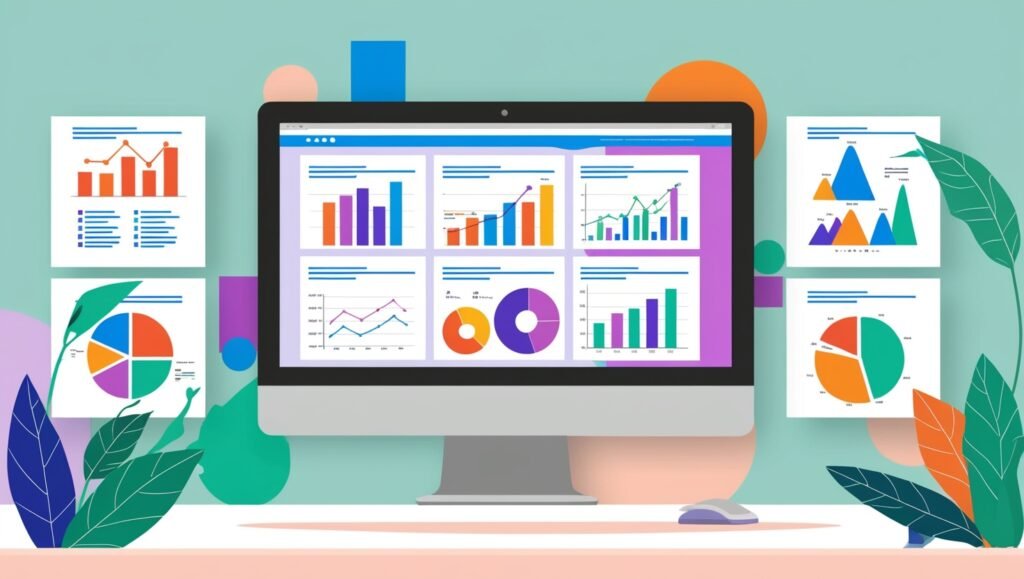 Illustration of a computer monitor displaying colorful data charts and graphs.
