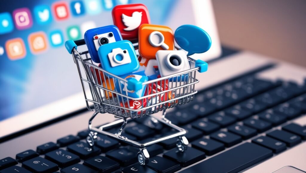 Illustration of shopping cart filled with digital icons on a computer keyboard.