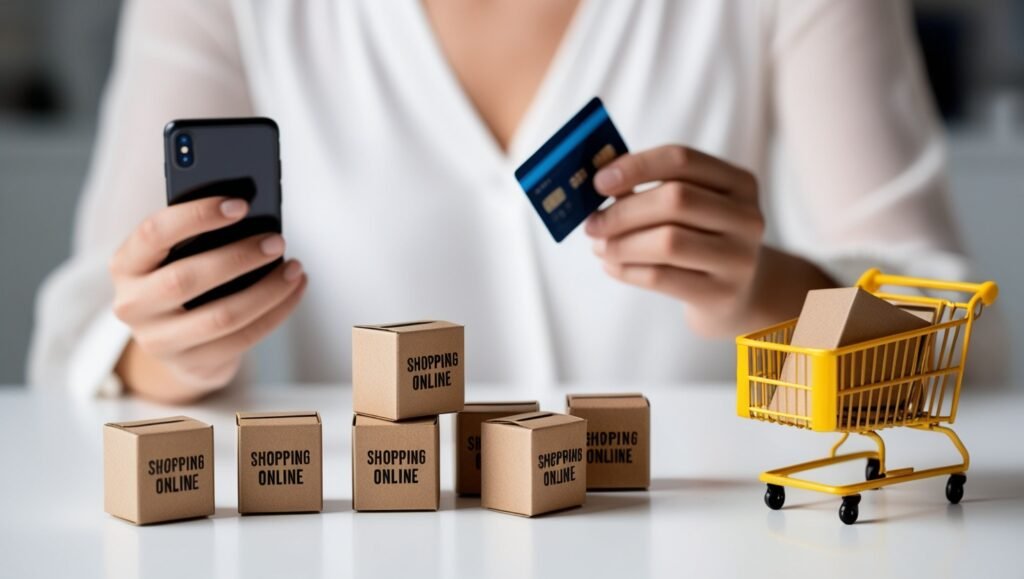Close-up of hands holding a smartphone and credit card, with small boxes and a shopping cart, representing online selling.