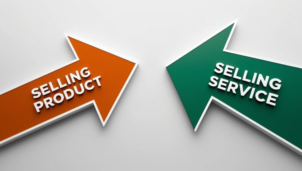 Infographic with 3D arrows labeled 'Selling Product' and 'Selling Service' on white background.