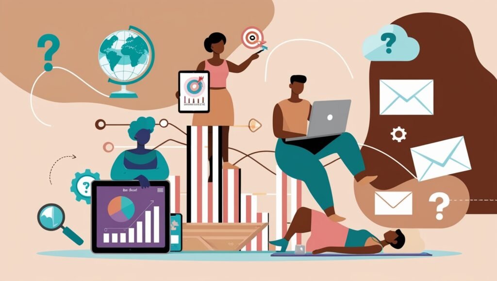 Flat illustration of diverse people using digital tools for business growth.