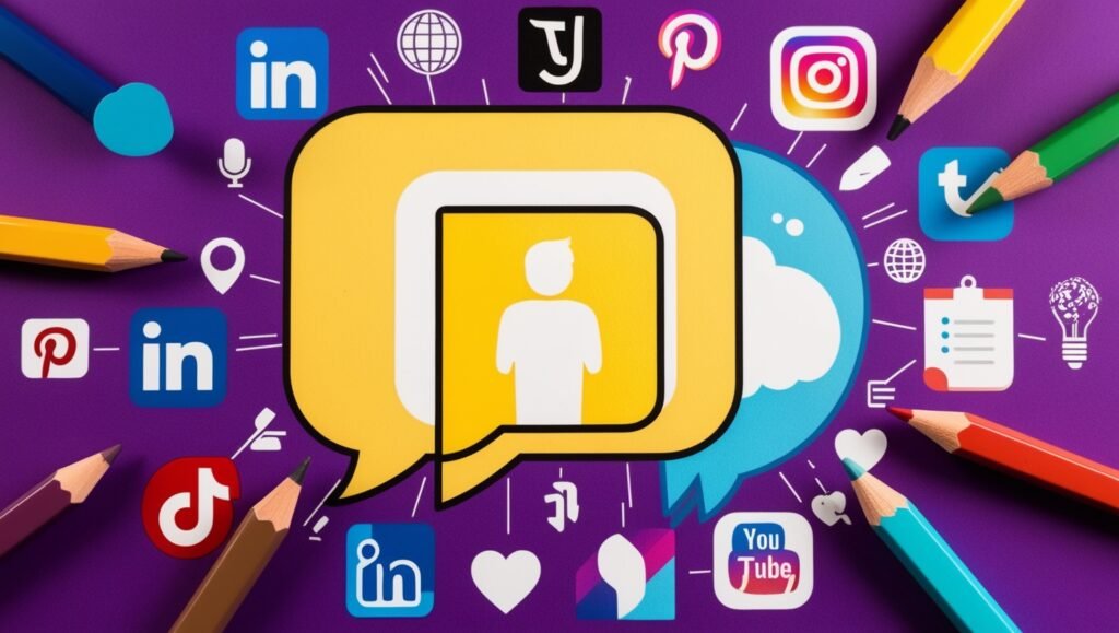Illustration of social media icons and content tools on purple background.