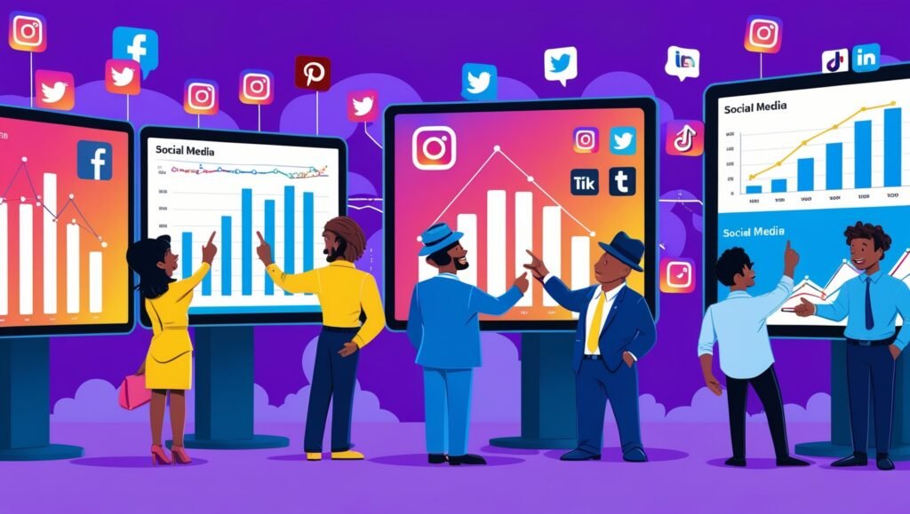 Illustration of diverse people analyzing charts and social media icons on digital screens, with a vibrant purple background.