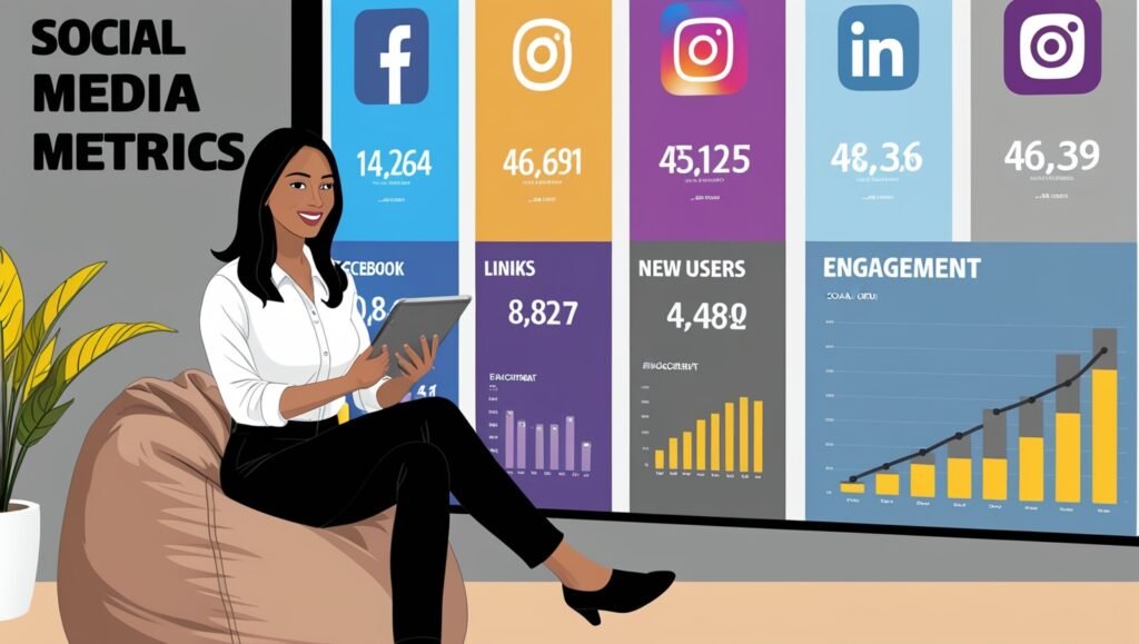Illustration of woman viewing social media analytics dashboard with platform icons, graphs, and metrics.