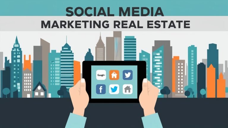 Tablet showing real estate social media icons with cityscape background.