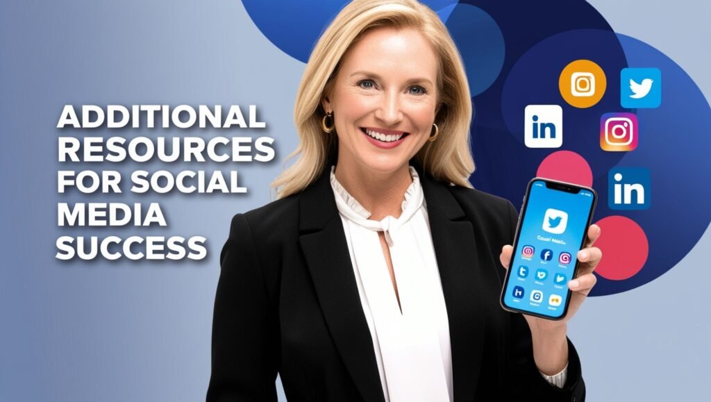 Smiling woman in blazer holding smartphone with social media icons on blue background, promoting tools for social success.