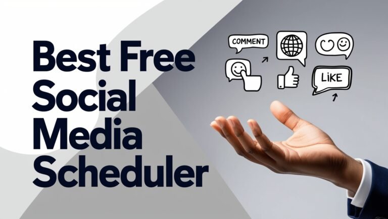 Graphic showing hand with social media icons and bold text reading 'Best Free Social Media Scheduler' on a gray-white background.
