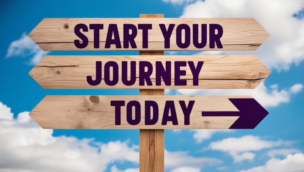 Wooden signpost with 'Start Your Journey Today' text and arrow under blue sky.