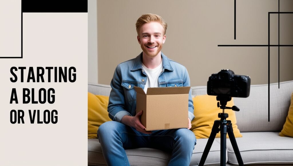 Man filming unboxing video for blog or vlog with camera setup.
