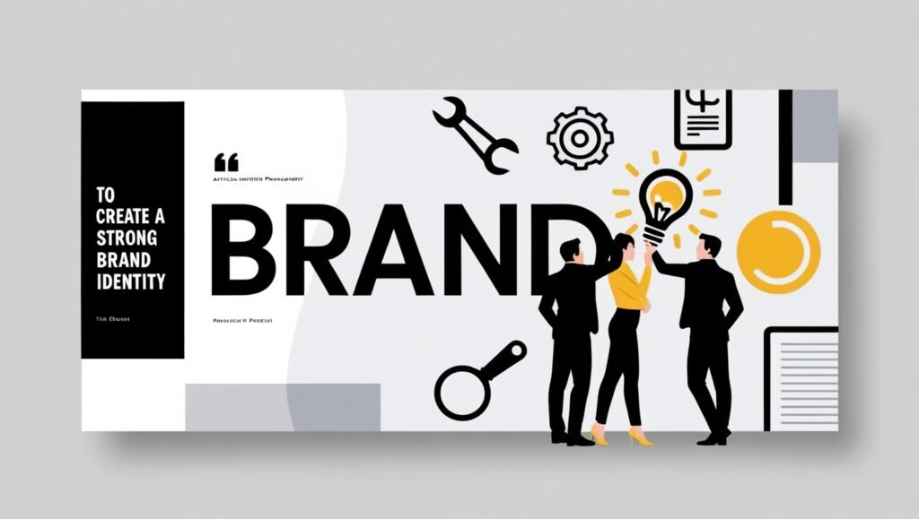 Modern illustration with icons and text focused on building a strong brand identity.