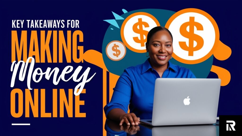 Person at laptop with dollar signs on screen and text about making money online.