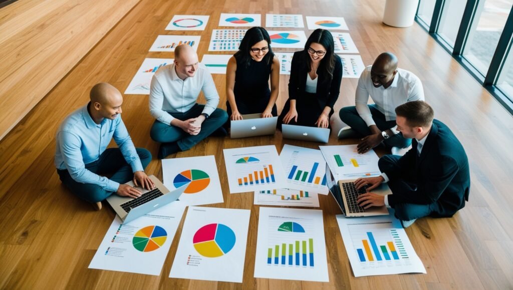 Team discussing charts and graphs on office floor.