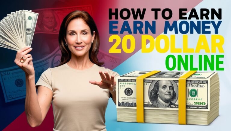 Woman holding cash next to bold text 'How to earn 20 dollars online' with money stack and colorful background.