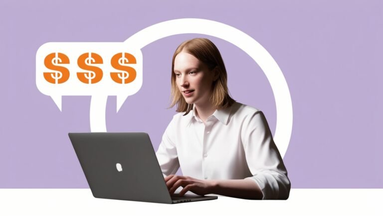 Person typing on laptop with currency symbols, representing earning money online.