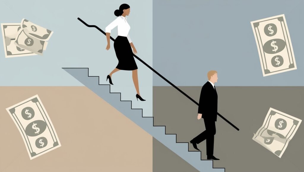 Illustration of two professionals climbing stairs with dollar bills, symbolizing earning potential.