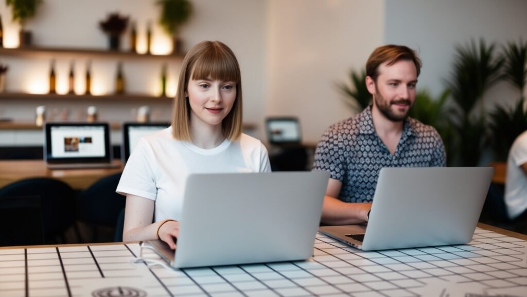 Two freelancers working on laptops in a cozy café, focusing on digital tasks in a modern workspace.