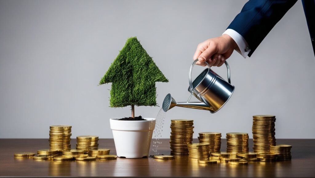 Person in suit watering arrow-shaped plant with gold coins symbolizing online wealth growth.