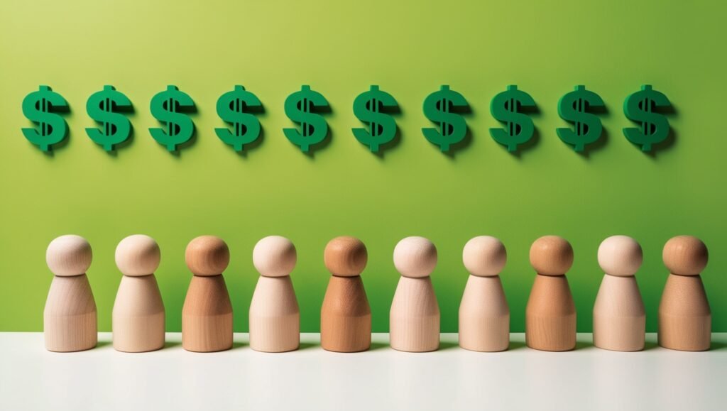 Minimalist photo of wooden peg dolls with dollar signs, symbolizing financial opportunities.