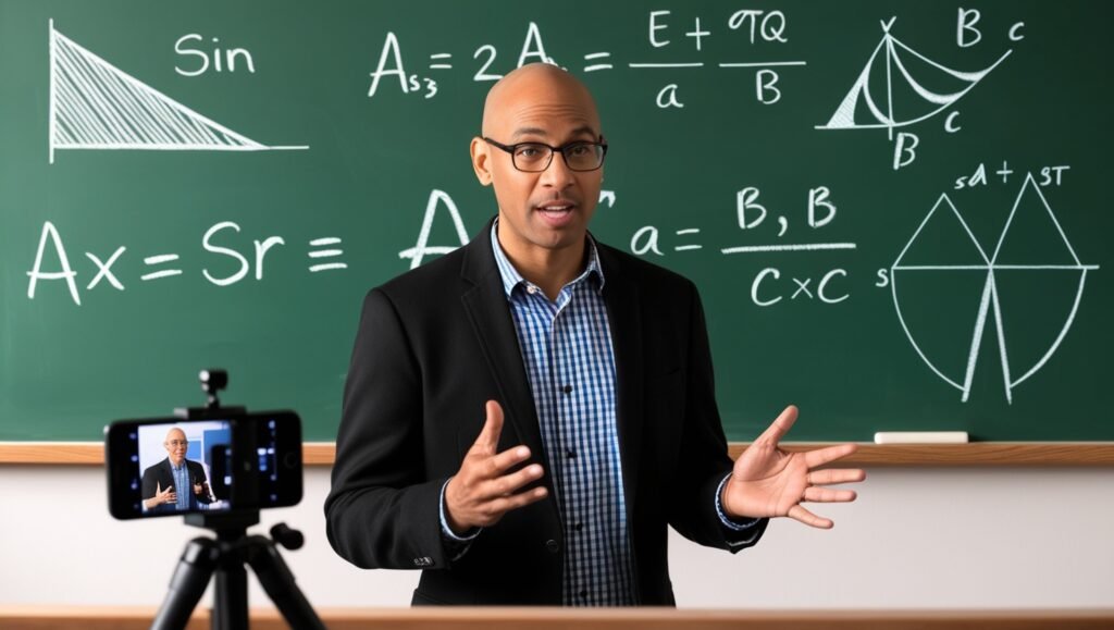Male tutor teaching math online in front of chalkboard with equations, filmed on smartphone.