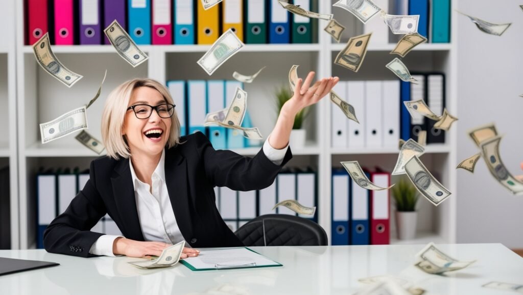 Person in office tossing Euro bills, symbolizing passive income success.