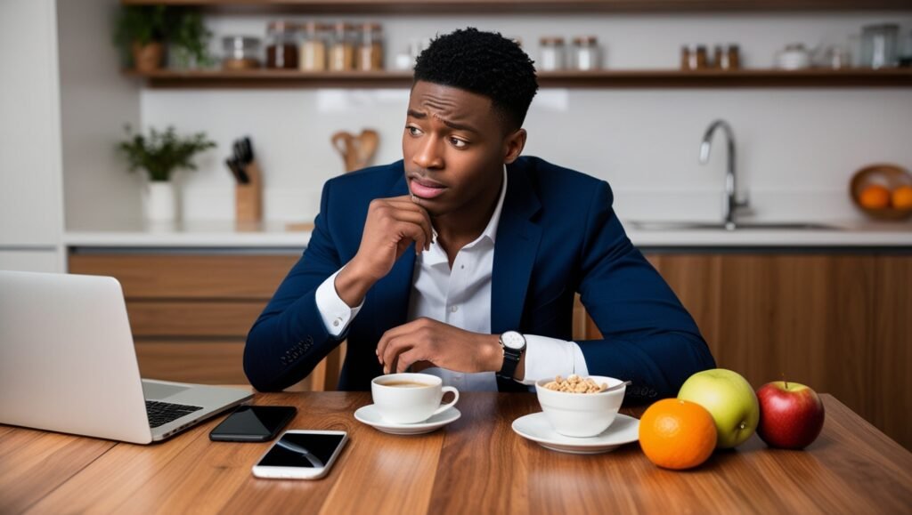 Man in suit checking watch while having breakfast, multitasking with laptop in a modern kitchen.