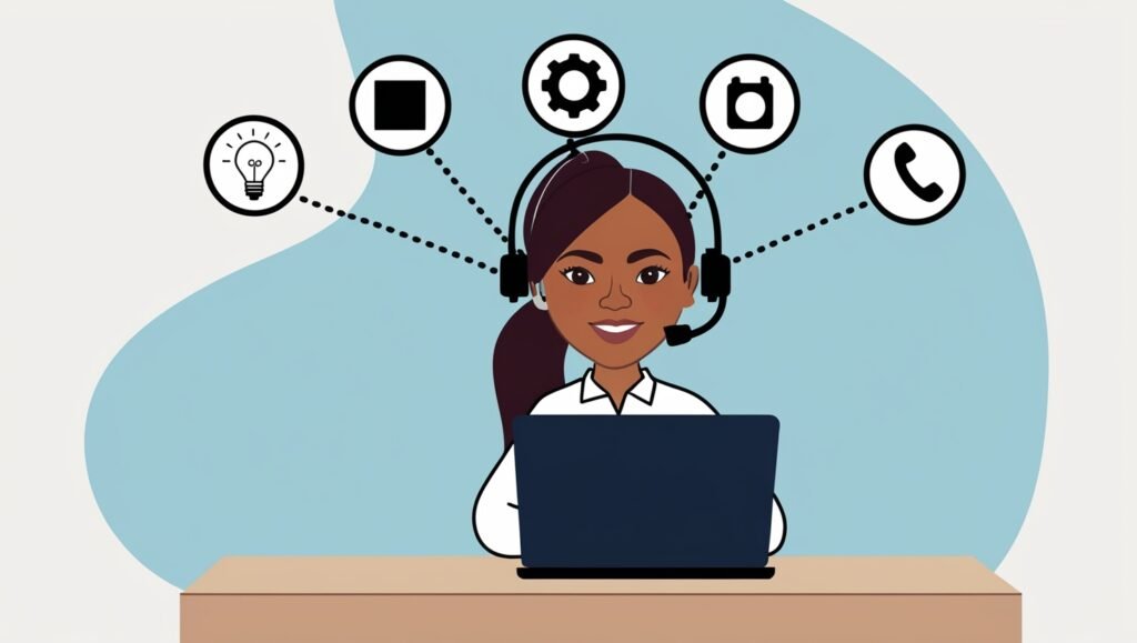Person at desk with headset using laptop, surrounded by icons for online job skills.