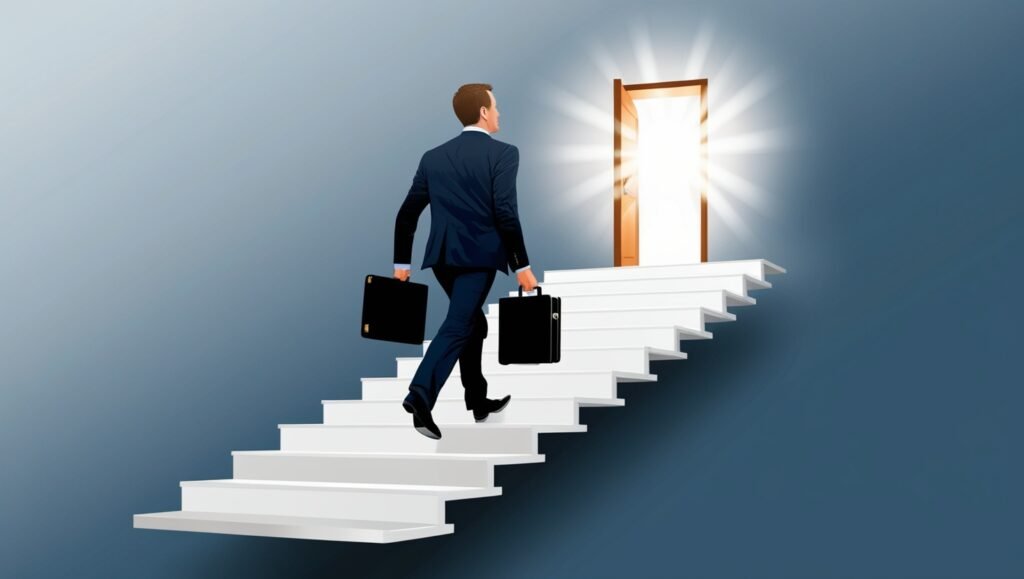Businessman climbing stairs toward open door symbolizing opportunity.