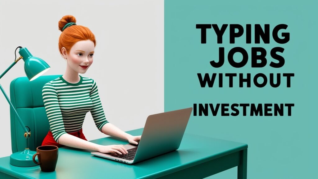 Illustration of woman typing on laptop at desk with text 'Typing Jobs Without Investment'.