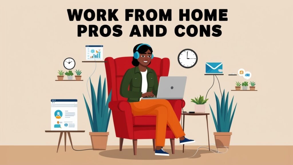 Illustration of person working remotely in a home office, showing work-from-home pros and cons.